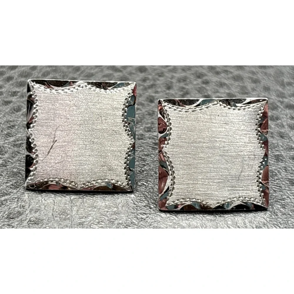 Vintage Anson Sterling Silver 925 Brushed Square Cufflinks Ornate